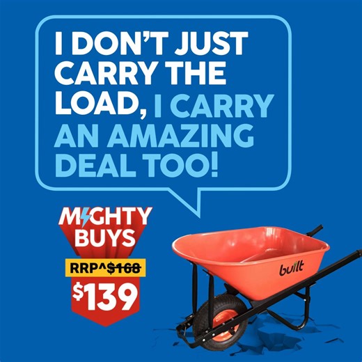 Move more with less effort! 💪 The Built Heavy Duty Wheelbarrow 100L is perfect for all your garden and DIY tasks. It's a Mighty Buy this month—sale ends 19 October, while stocks last! Shop yours here https://www.mitre10.com.au/built-wheelbarrow-heavy-duty-metal-tray-100-litre | Mitre 10