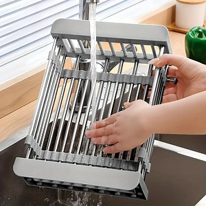 Adjustable Over-The-Sink Dish Drying Rack with Stainless Steel Drain Basket - Portable & Telescopic Space-Saving Solution for fruit vegetable