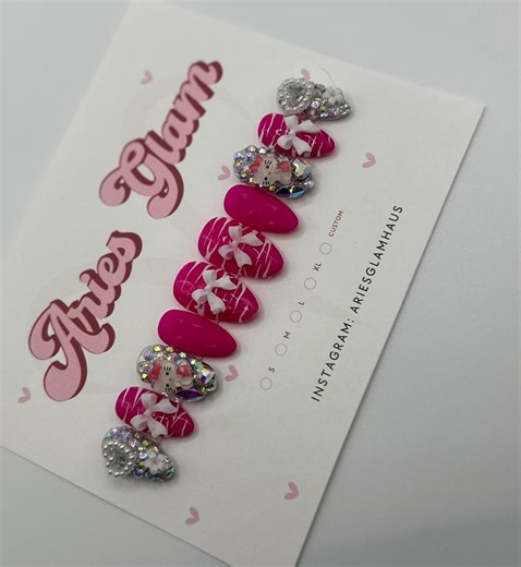 Neon Pink Press on Nails: 90s Aesthetic Nails, Resin Bows & Silver Charms - Etsy