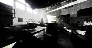 CGI Sunlight streaming through industrial kitchen windows creates dramatic shadows