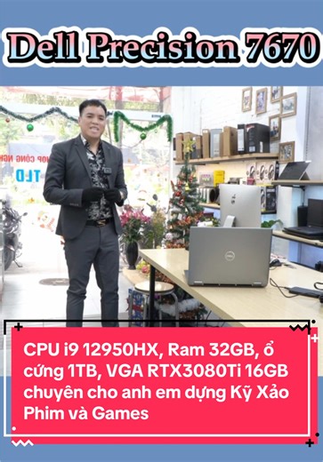 Lộc cho anh em đây, sáng mình đổi máy cho khách thu lại Laptop Dell Precision 7670 này khách mua mới từ lúc 75 củ giờ đổi lên Dell 7780. CẤU HÌNH 5: CPU: Intel Core i9-12950HX (30 MB cache, 24 threads, 16 cores, 2.30 GHz to 5.00 GHz, vPro) RAM: 32GB DDR5 4800MHz Ổ cứng: 1TB PCIe Gen 4 NVMe VGA: NVIDIA RTX 3080ti 16GB GDDR6 Màn hình: 16-inch, Full hd 1920 x 1200, 60 Hz, Anti-Glare, Touch, 100% DCI-P3 Kết nối: Intel Wifi 6E (6GHz) AX211 2×2 with Bluetooth Wireless HĐH: Windows 11 Pro Pin: 6-Cell 9