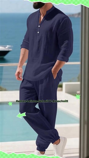 Herren-Set aus Leinen mit V-Ausschnitt und langen Ärmeln, locker geschnitten, lässig und atmungsaktiv – Herbstmode, trendig 2026, unabhängiger Shop für grenzüberschreitenden Handel