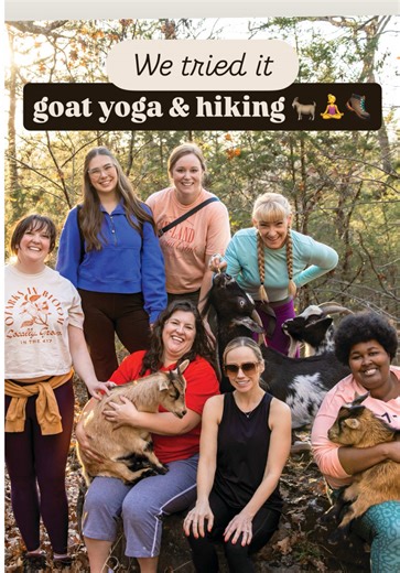 Goat yoga: come for the stretching, stay for the goats trying to eat your hair. 🐐🧘‍♀️😌 We tried goat yoga at Area 95 Farms in Chadwick, Missouri, stretching, laughing and hiking with our new four-legged friends. #goatsoftiktok #yoga