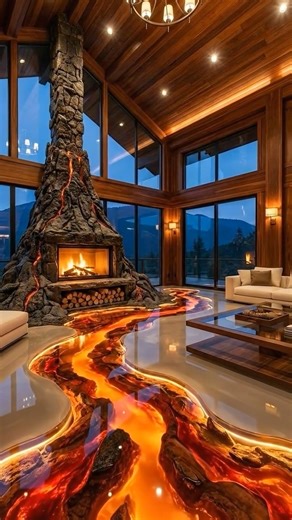 Dream Makers Studio on Instagram: "This video presents a luxury interior design concept featuring a fully functional volcano fireplace built inside a grand hall. From an empty space to a completed architectural fantasy, the project combines resin lava flooring, fire, lighting, and high-end materials into one seamless visual experience. This is a design concept created for inspiration, showcasing imagination, craftsmanship, and experimental interior ideas. #VolcanoFireplace #LuxuryInterior #Inter