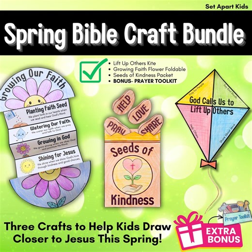 Spring Bible Crafts Bundle for Kids | Grow in Faith & Kindness Sunday School Printables | 3 Springtime Christian Activities   Prayer Toolkit