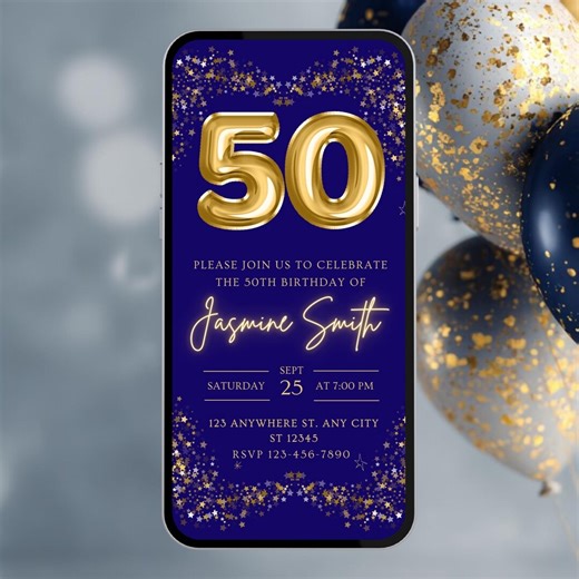 Editable 50th Birthday Invitation Template | Navy and Gold Balloon Party Invite | Adult Birthday Invite | Canva Template | Instant Download - Etsy