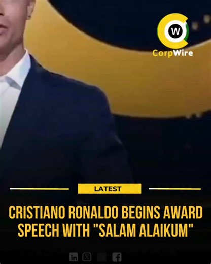 In a powerful and unifying moment, football legend Cristiano Ronaldo began his award acceptance speech in Portugal with the Islamic greeting "Salam Alaikum" (Peace be upon you). This heartfelt gesture immediately won the hearts of millions, showcasing his deep respect and connection with his global family of fans. A small phrase that speaks volumes about his status as a truly world-renowned icon. For more content please visit www.corpwire.pk #corpwire #CristianoRonaldo #SalamAlaikum #Respect #Gl
