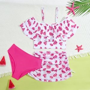 [Hot Item] Hot Sale Kids Baby Girl Lovely Tropical Print Three Piece Swimwear Beachwear Children Bikini