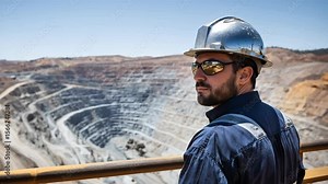 Mining Supervisor Overlooking Large Pit Mine. Ensuring Safety and Productivity. Site management and planning for resource extraction and environmental impact.