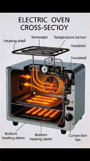 Electricial_Facts_Hub on Instagram: "Electric oven Read the caption 👇👇 An electric oven works by converting electrical energy into heat energy using heating elements. ⚙️ Step-by-step Working: 🔌 Power Supply ON When the oven is switched on, electric current flows to the heating elements. 🔥 Heating Elements Heat Up The top and bottom nichrome heating elements get hot due to electrical resistance. 🌡️ Temperature Control The thermostat senses the temperature and switches the heater ON/OFF to ma