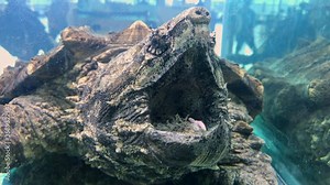 Large alligator snapping turtle in an aquarium. Taken on the phone