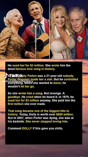 In 1967, Dolly Parton was a 21-year-old nobody. Porter Wagoner gave her a spot on his show and made her a star. But he controlled everything—her music, her career, her decisions. When Dolly wanted to leave, he wouldn't let her go. So she wrote him a song. Not as revenge. As a goodbye. When she sang it to him, he cried. He said it was the best song she ever wrote. But in 1979, he sued her for $3 million anyway. Dolly settled and paid him the first million she ever made. That song?