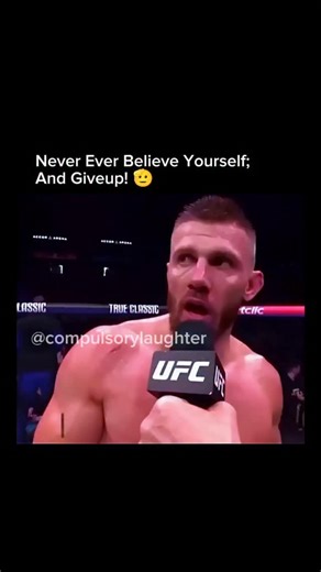 Compulsory Laughter on Instagram: "This reel is 6 sec and shows a post-fight octagon interview that instantly turned legendary for the wrong reason—in the best meme way possible. Polish UFC fighter Robert Bryczek grabs the mic, clearly trying to deliver a deep, motivational message to the audience. But instead of the classic “never give up” energy, he accidentally says, “Never, ever, believe yourself, and give up.” The pause, the confidence, and the completely reversed meaning make it unintentio