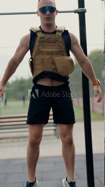Powerful athletic man performing burpee exercises outdoors on a sports ground, wearing a tactical weighted vest for intense strength training and improving his physical endurance and stamina, Vertical