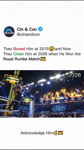 Cin&Con on Instagram: "Roman Reigns Wins Royal Rumble 2026 ☝️ | From Being Booed to Beloved 👑 In 2015, Roman Reigns won the Royal Rumble, but instead of cheers, he was met with deafening boos. The crowd rejected him, the pressure was overwhelming, and the world questioned whether he truly belonged at the top. Now fast forward to 2026. The same Royal Rumble stage. The same high stakes. But a completely different Roman Reigns. This time, when Roman Reigns stands victorious, the arena erupts with 