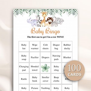 100 Printable Safari Baby Shower Bingo Cards, Prefilled Baby Gift Bingo Cards, Jungle Baby Shower Games, Safari Animals Baby Shower DOWNLOAD - Etsy