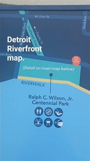 Detroit Riverfront Map & Ralph C Wilson Jr Park. #downtownarea #gordiehowe #riverfront #detroit