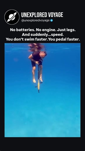 Unexplored Voyage™ on Instagram: "This is the Seabike—a lightweight, portable water bike that straps around your waist and uses pedal power to drive a propeller. No batteries. No electricity. Just clean, mechanical efficiency. By letting your legs do the work, the Seabike allows swimmers and divers to move through the water faster and with far less effort than swimming alone. It works in fresh and saltwater, and when you’re done, it packs down small enough to fit in a bag. What makes it smart: L