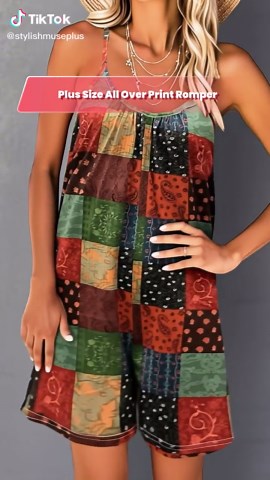 Women's Plus Size Patchwork Spaghetti Strap Romper, Casual Sleeveless Design for Summer, Perfect for Daily Wear & Stylish #plussizeedition #bamboopajamas #plussizejeans #plussizeclothing #plussizeunderwear #plussizefinds #widelegjumpsuit #plussizetop #plussizedresses #plussizepants