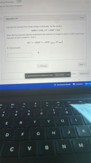 Calculate the standard free energy change, in kiloJoules, for t... | Filo