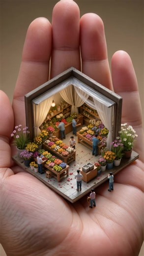 Tiny flower shop blooming in a palm. #MiniWorld #Diorama #TinyLife