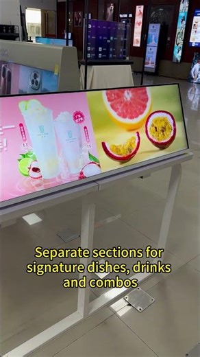 Slim digital menu screen with split-screen display. #digitalsignage #lcddisplay