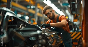 Employee at car factory assembling vehicles on production line. Concept Car manufacturing, Vehicle assembly, Production line, Automotive industry, Employee roles
