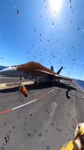 A sudden swarm attack erupts on the aircraft carrier as thousands of bees flood the flight deck and surround a parked fighter jet. 🐝✈️ The sky fills with movement as the swarm blankets the aircraft, forcing crew members to step back while the unexpected natural invasion unfolds at sea. What was a routine day on deck instantly turns into a surreal clash between advanced military power and the force of nature. Even the strongest steel can pause when nature strikes. 🌊🔥 #AircraftCarrier #SwarmAtt