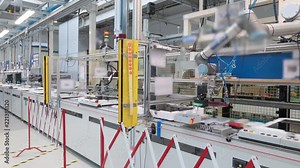 4K time-lapse of a modern industrial line production, robots and humans work at the same place