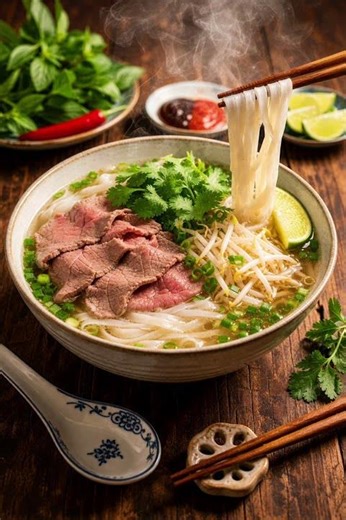🇻🇳 フォー（牛肉フォー）米粉で作った平たい麺を使う、あっさりスープのヌードル。香草たっぷり＆ライムを絞って食べるのが本場流です。
