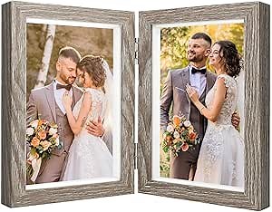 SAREAL Double Photo Frames, 4x6 Hinged Folding Wood Picture Frame with Glass, hold 2 Picture Free Standing on Desktop