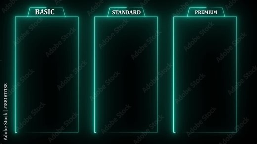 glowing neon Basic, Standard, and Premium Package subscription tiers, Animation. Pricing and Features, Pricing plans table, pricing chart, price list for web or app tech concept 4k video,