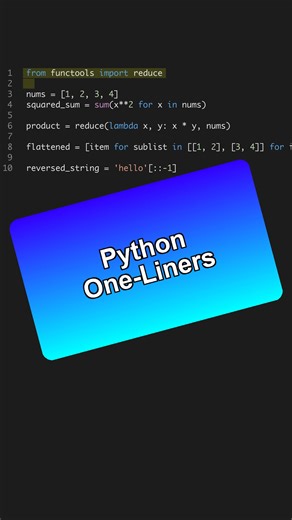 Elevate your coding with Python one-liners! Faster and clearer. 🚀 --- Get the Python for AI course 6 projects at the link in bio. 🐍