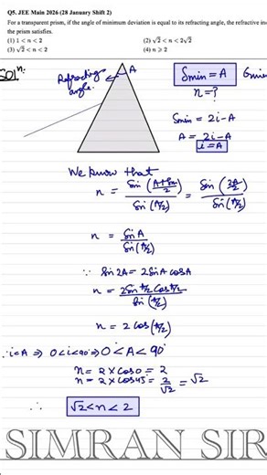 For a transparent prism, if the angle of minimum deviation is equal to its refracting angle the ref