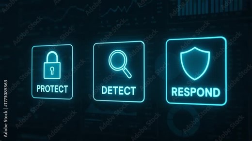 Visual representation of cybersecurity concepts with icons for protect, detect and respond in a digital environment.
