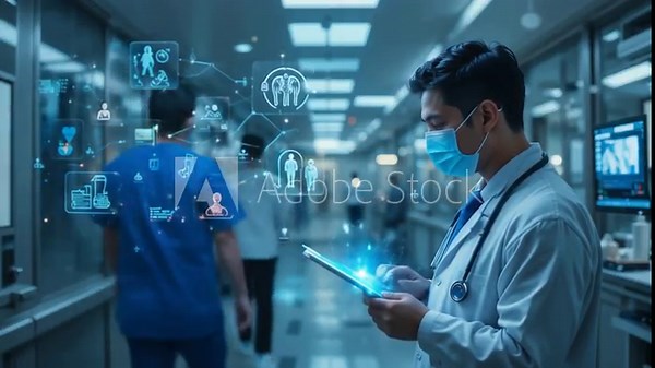 Doctors in a hospital with digital medical icons, graphic banners showing medical symbols, medical care workers, emergency services network, doctor's data about patient's health. 4k video