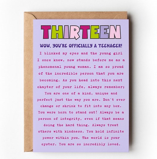 Thirteen Birthday Card for Son or Daughter Thirteen Sentimental Milestone Birthday Card, 13th Birthday Gift, Officially a Teenager 13 Card - Etsy