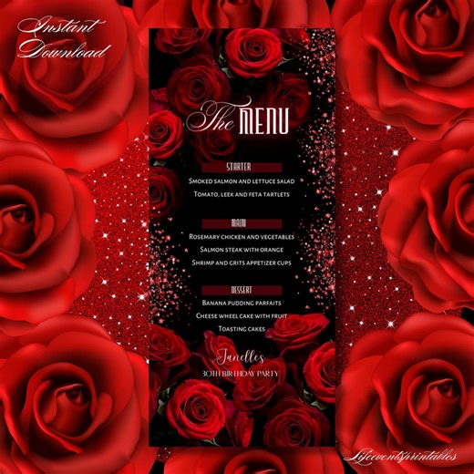 Floral Printable Birthday Party Menu Template Red, Editable Menu Card, Birthday Dinner Table Menu Download - Etsy