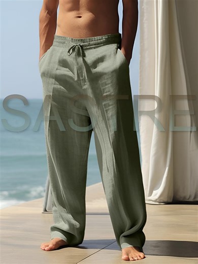 Men's Sage Green Linen Pants - Breathable Loose Fit Casual Trousers - Boho Style Summer Beach Wear - Elastic Waist Drawstring Loungewear - Etsy