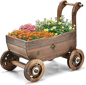 Garden Wagon, Mobile Wooden Planters with Wheels, 2 Drainage Holes & Handle, Wooden Wagon, Flower Cart for Indoor & Outdoor Patio Garden Balcony