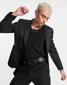 ASOS DESIGN satin smoking suit jacket in black tonal jacquard | ASOS
