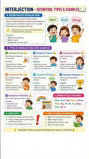 Interjection – Definition, Types & Examples 📘✨ | Easy English Grammar with Sentences