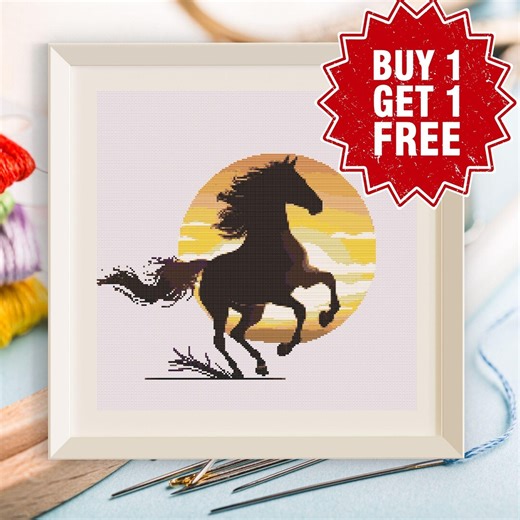 Galloping Horse Silhouette Cross Stitch Pattern, Sunset Equestrian Embroidery (PDF Download) - Etsy