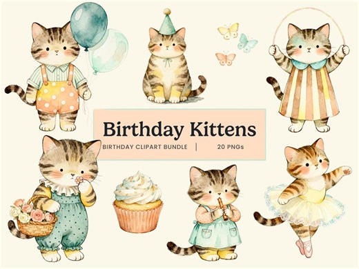 Vintage Watercolor Kitten Clipart Bundle (20 PNG Files) - Etsy