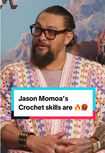 Jason Momoa Crochets Cardigan for Minecraft Movie Press
