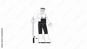 Maritime fisherman holding fishing rod bw 2D character animation. Retired male fisher outline cartoon 4K video, alpha channel. Senior man with fishing pole animated person isolated on white background
