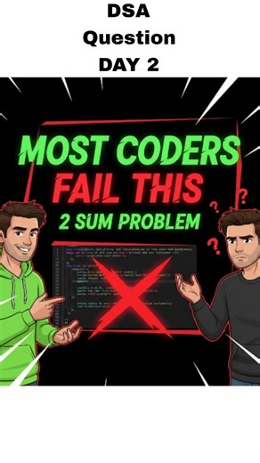 Akhilesh on Instagram: "“If you still don’t know Two Sum… interviews will eat you alive.” This is the first DSA problem most companies expect you to solve without thinking. Brute force vs optimized approach explained in simple logic. If this confused you even a little… you need this reel. Keywords: two sum problem, dsa interview question, array problems, hash map approach, coding interviews #TwoSum #DSA #CodingInterview #JavaDSA #problemsolving"