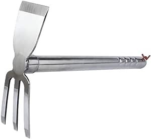 Stainless Steel Garden Hoe Rake Hand Tool, 15" Metal Hand Hoe & 3 Prong Cultivator Dual Headed Gardening Tool for Weeding, Digging, Seeding Multipurpose