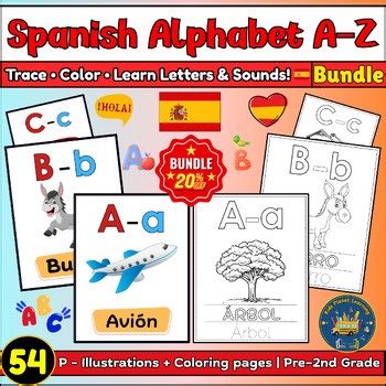 Spanish Alphabet Bundle A–Z | Illustrated Flashcards & Trace & Color Worksheets