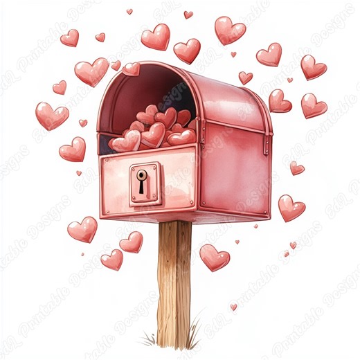Valentines Mailbox Clipart, Hearts Postbox Watercolor Graphics (Digital Download)
